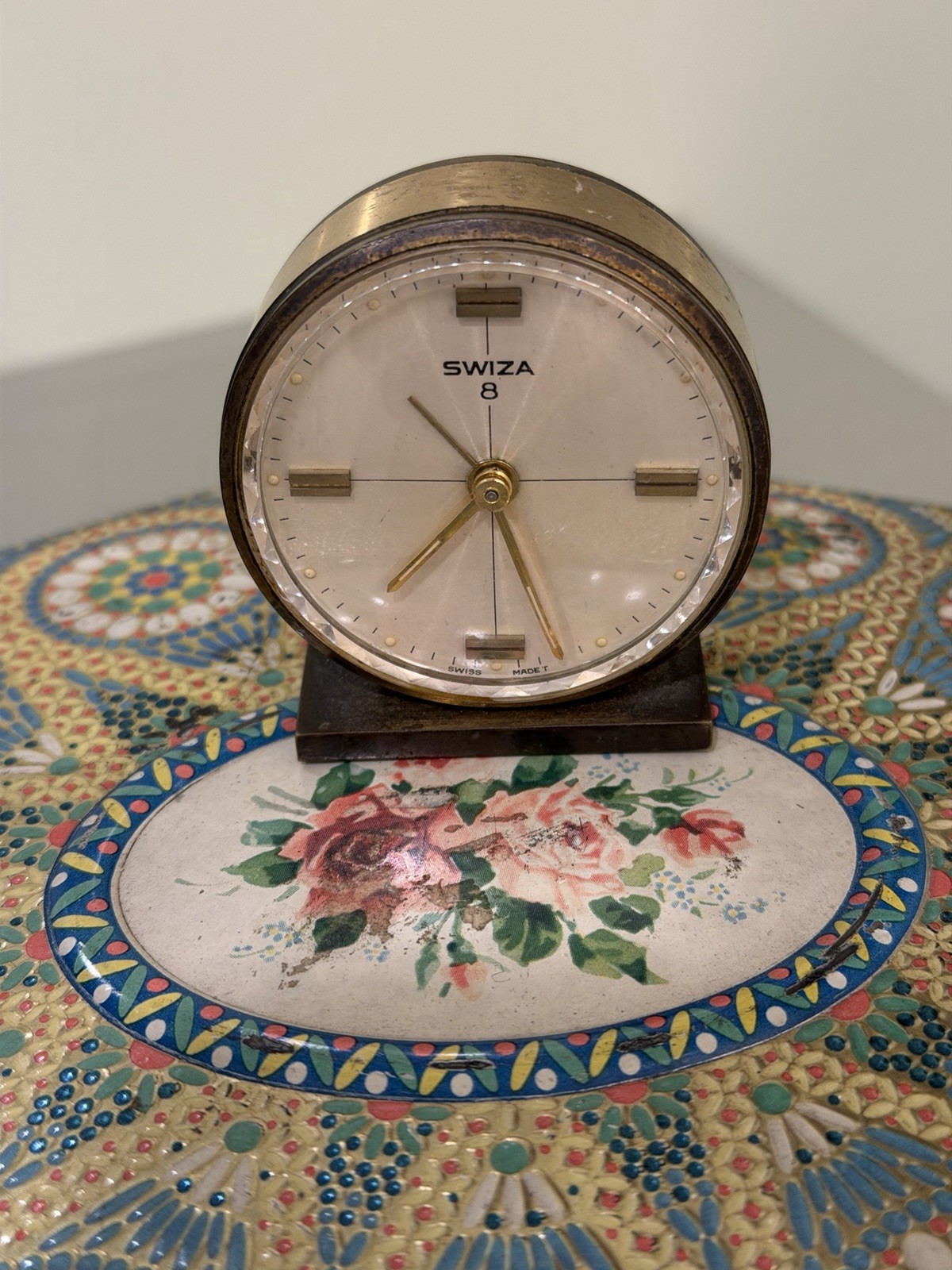Vintage Swiza Swiss Made Alarm Clock Patent Pending Works 2 1/4 Inch