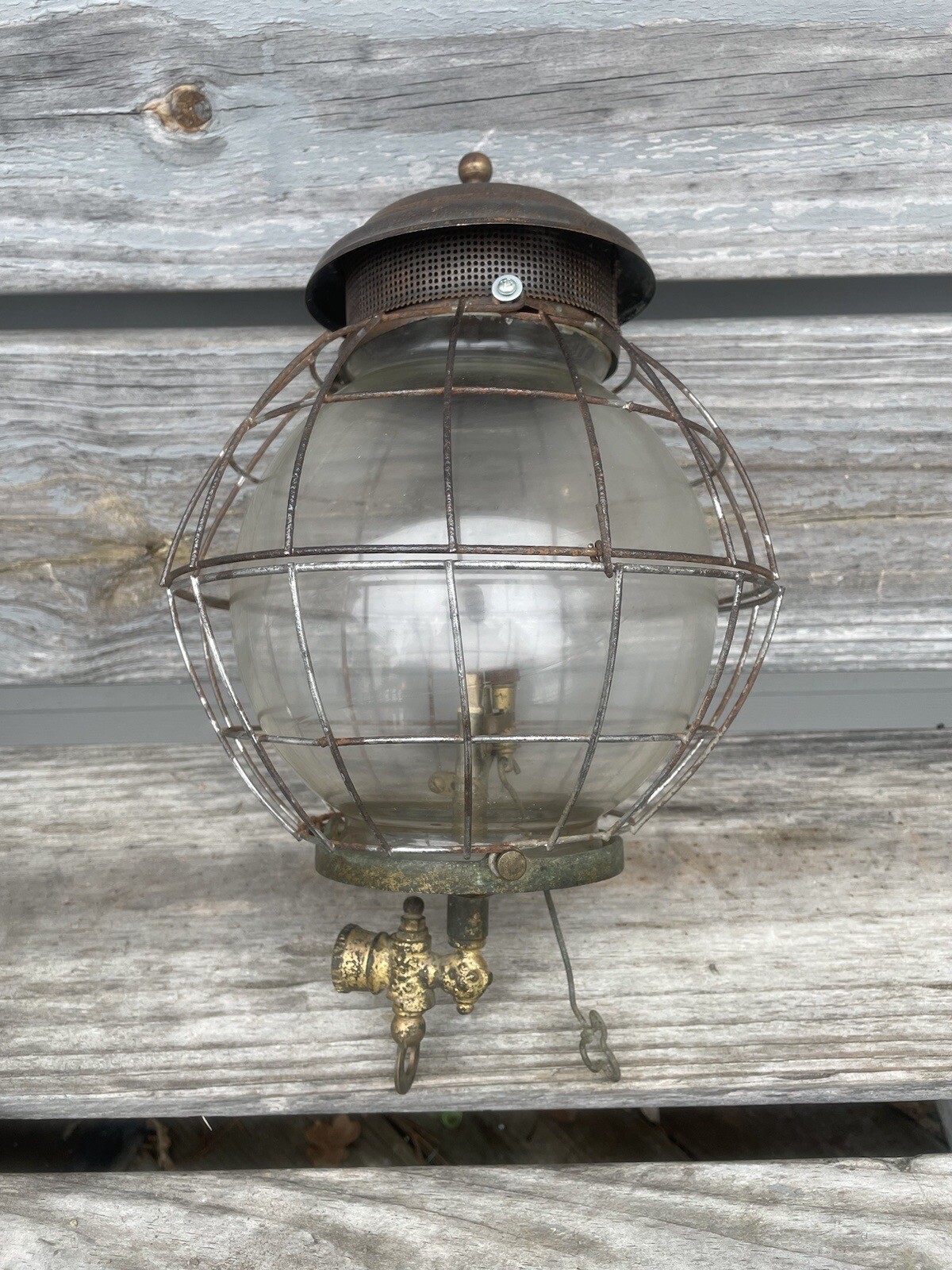 ANTIQUE J. B. COLT BRASS ACETYLENE GAS LAMP w WIRE GLOBE ENCLOSURE RARE NICE