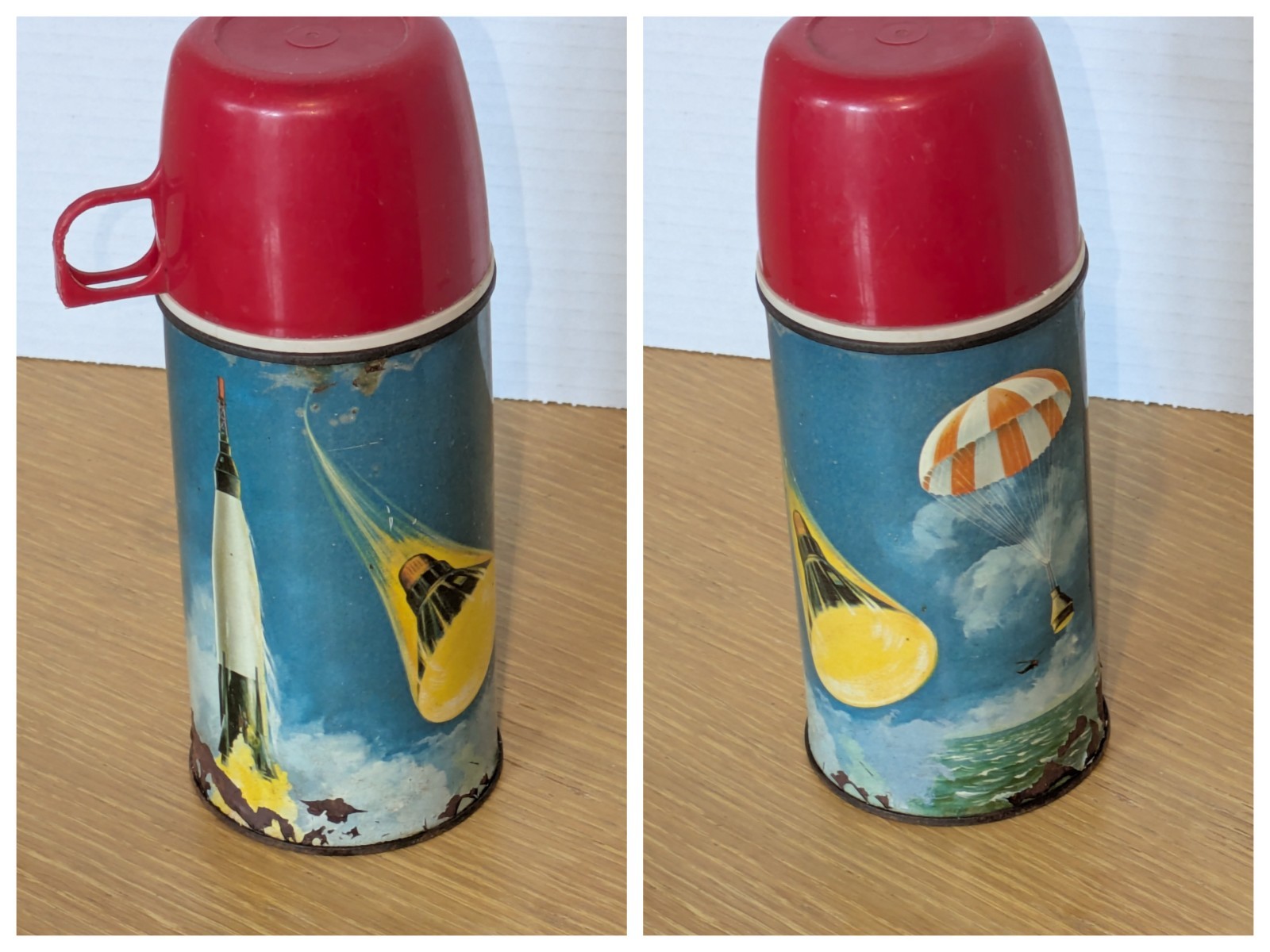 Vintage 1963  Space Capsule Metal Thermos w/ plug & cup