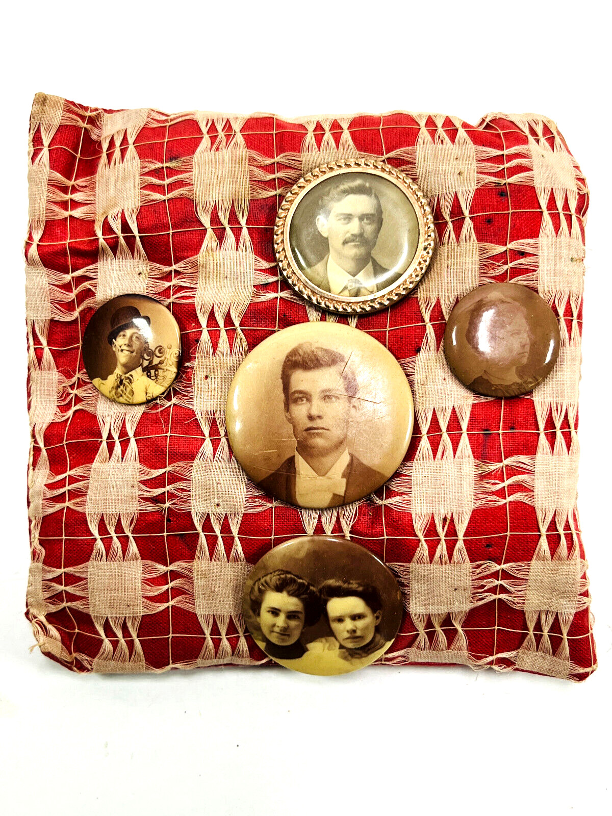 antique Lot (x5) Celluloid Pins Portraits Women Men Cowboys cigarette family