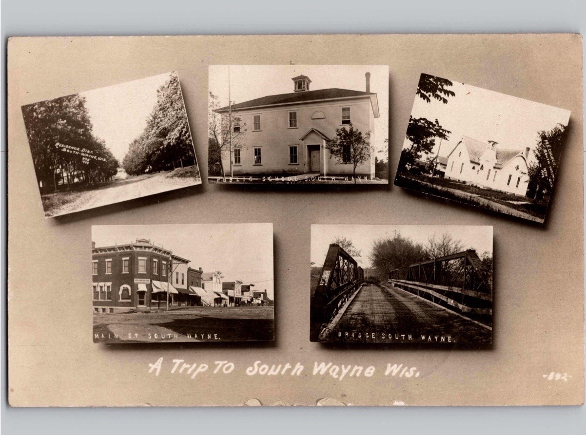 c1909 Multiview Main St Bridge & School South Wayne Wisconsin WI RPPC Postcard c1909 Multiview Main St Bridge & School South Wayne Wisconsin WI RPPC Postcard