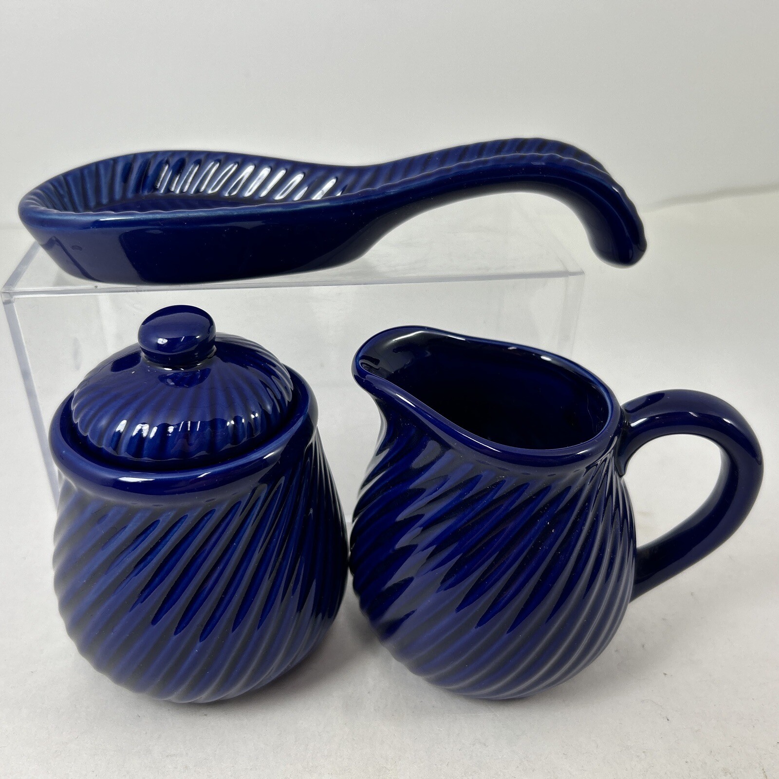3 Pc Set Creamer 4” Sugar Bowl/Lid 4.5”Spoon Holder 7.5” Colbalt Blue Stripes
