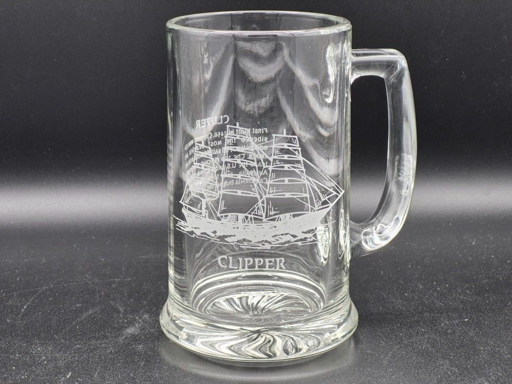 Vintage Etched Glass Clipper Ship Handled Mug