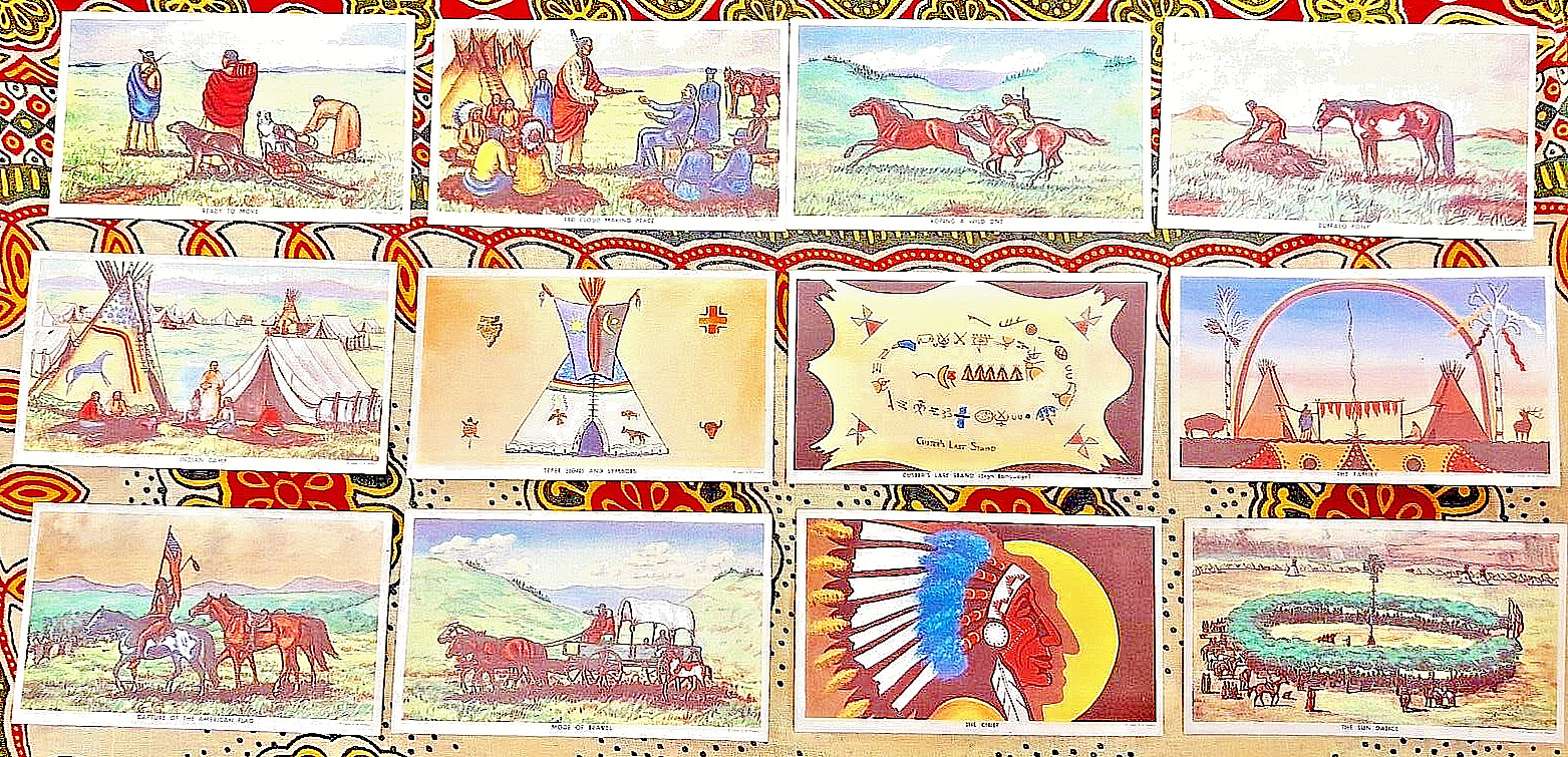 ANTIQUE ART 12 Engle Native American Indian Art Postcards 1949 RARE lot CUSTER