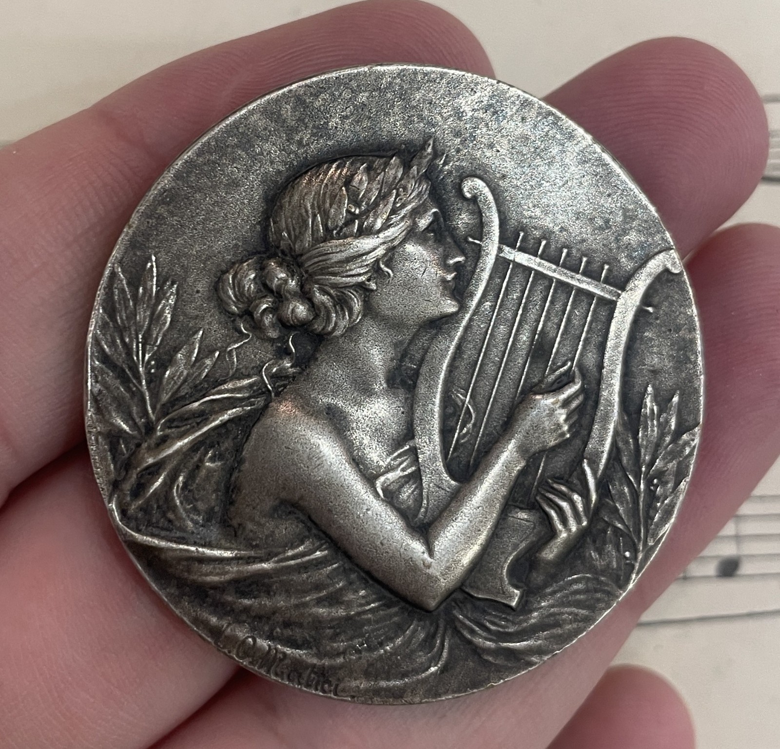 Large Antique French Bronze Music St Cecilia Medal Signed Mattei c1932 Large Antique French Bronze Music St Cecilia Medal Signed Mattei c1932