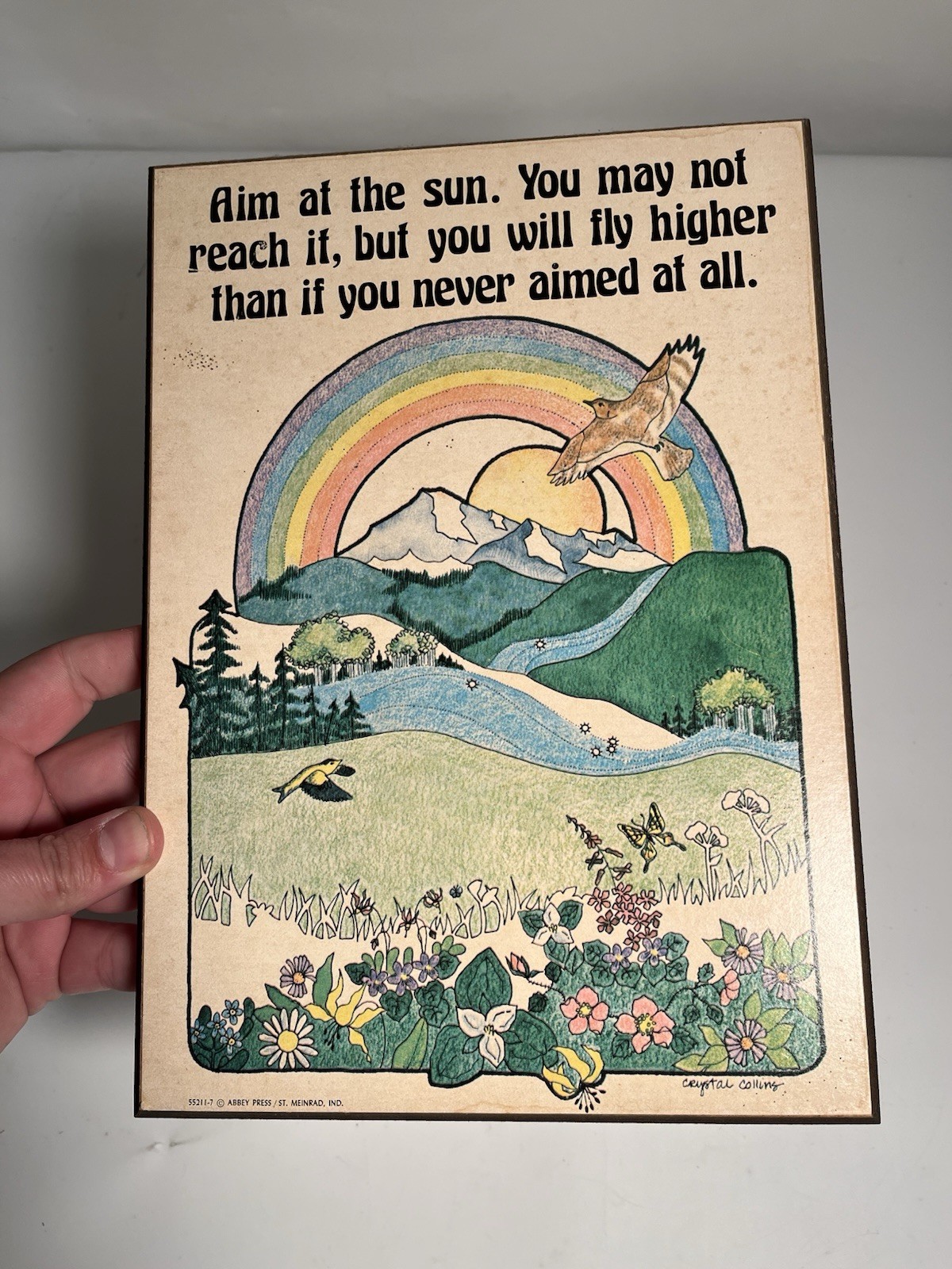 Vntg 1970s Abbey Press Crystal Collins Wall Plaque Aim Sun Fly Higher Rainbow 