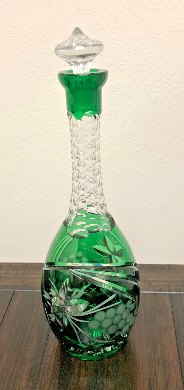 RARE Vintage Green Cut to Clear Crystal Glass Decanter w/Stopper/Bohemian Art