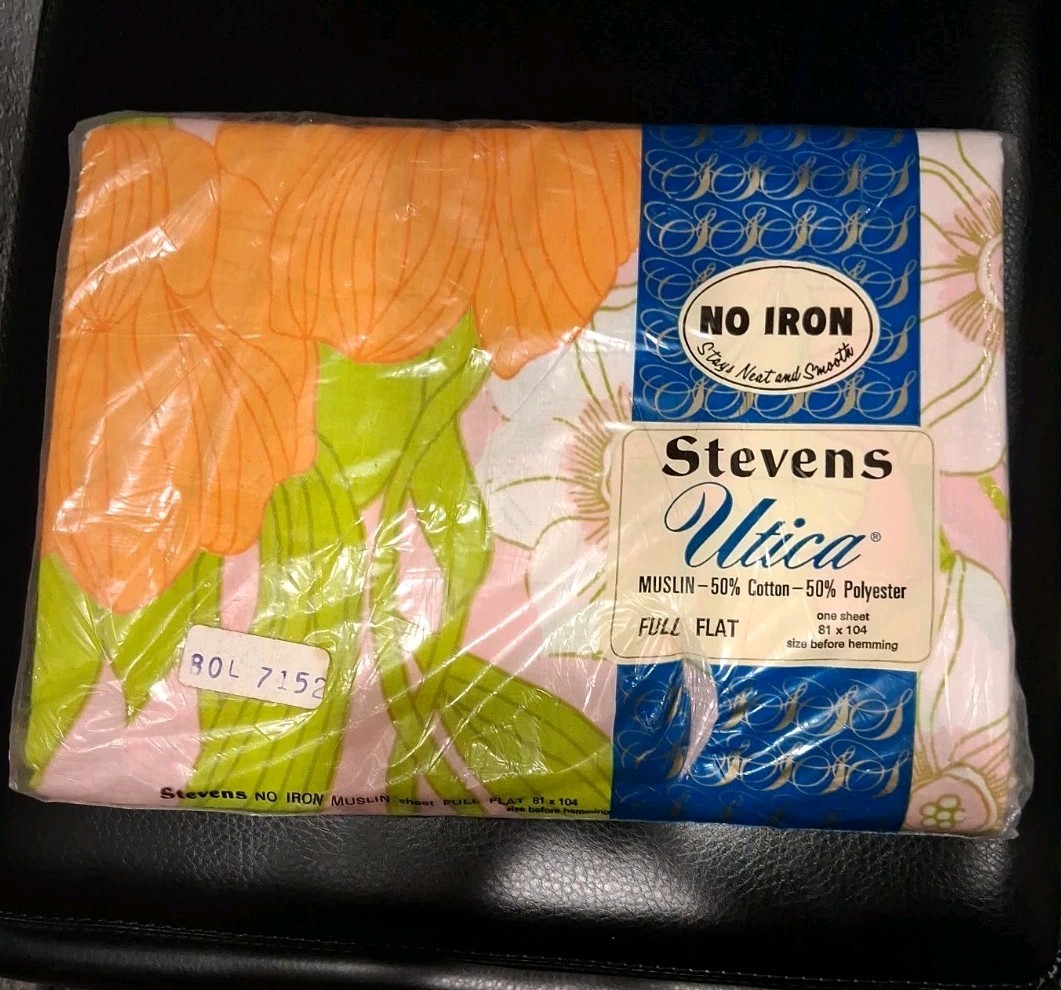 Vtg Steven's Utica Sheet Full Flat Tulip Stripe Orange, Green & Pink NOS 81x104