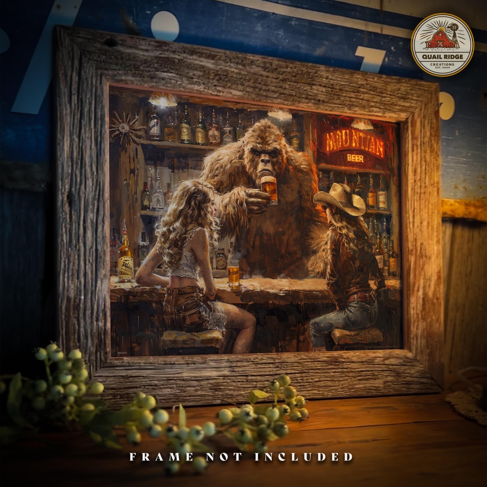 Vintage Sasquatch Bigfoot Art Print Cowgirl Pinup Artwork Beer Sign Bar Decor