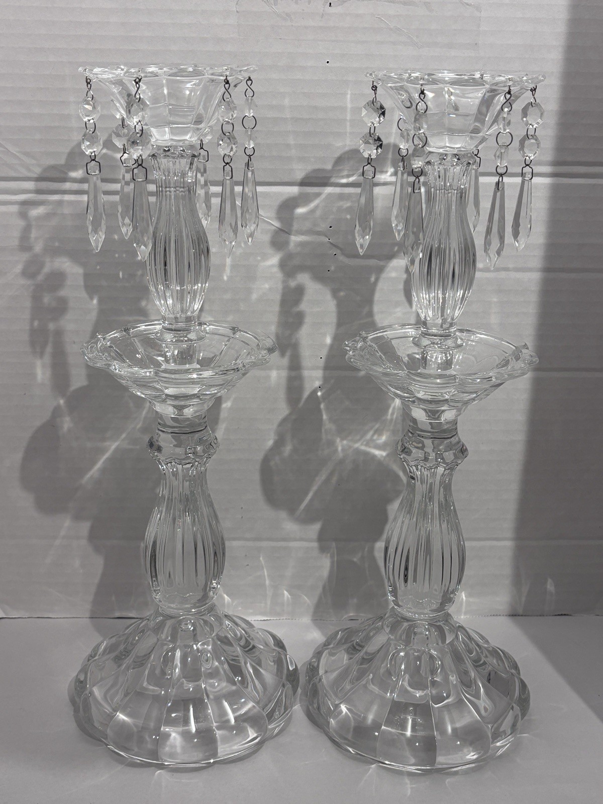 2 VTG Glass Lustre Candle Stick Holders Crystal Prisms Hollywood Regency Pair