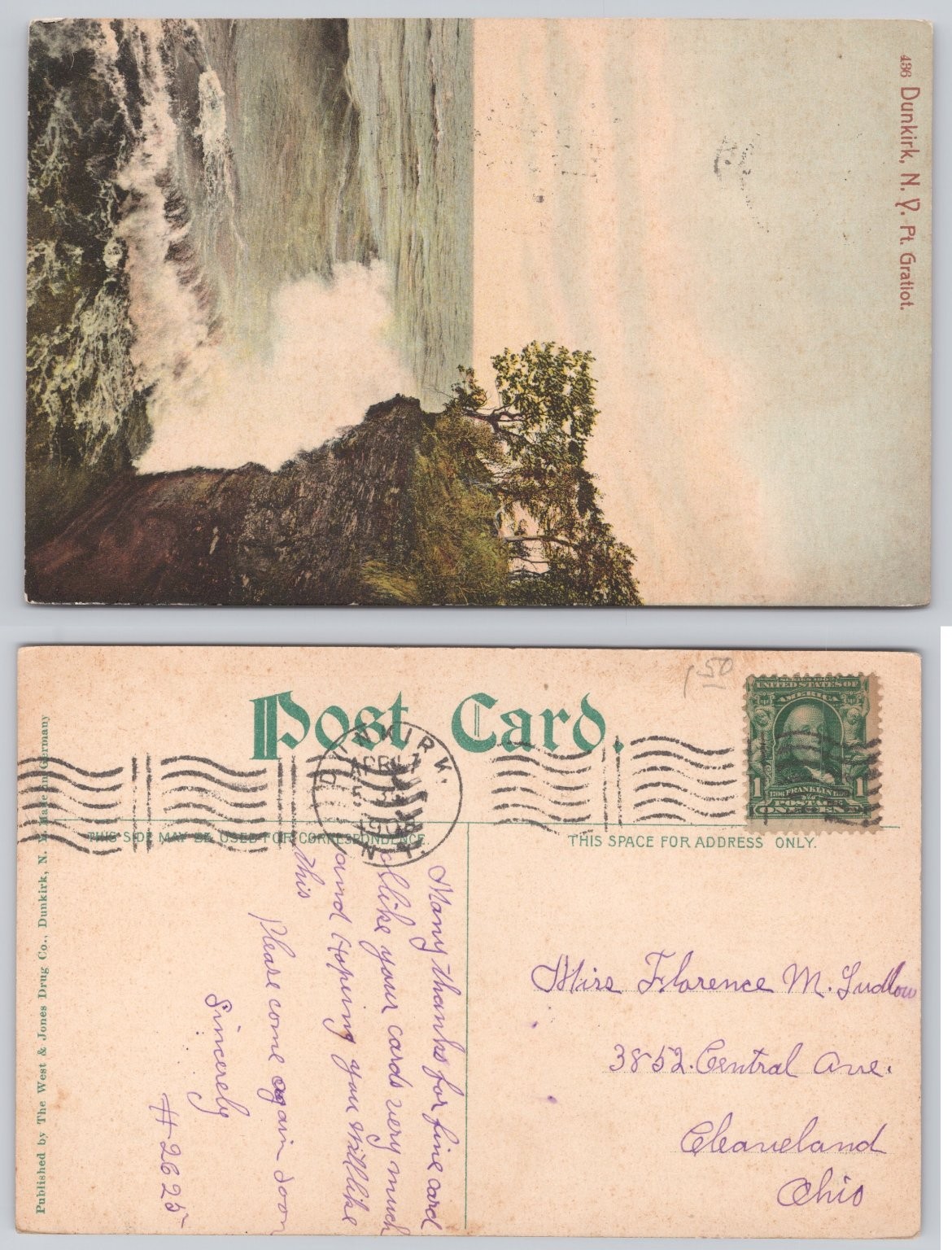 Vintage Niagara Falls Postcard Dunkirk NY Water West & Jones Drug 1909 Posted