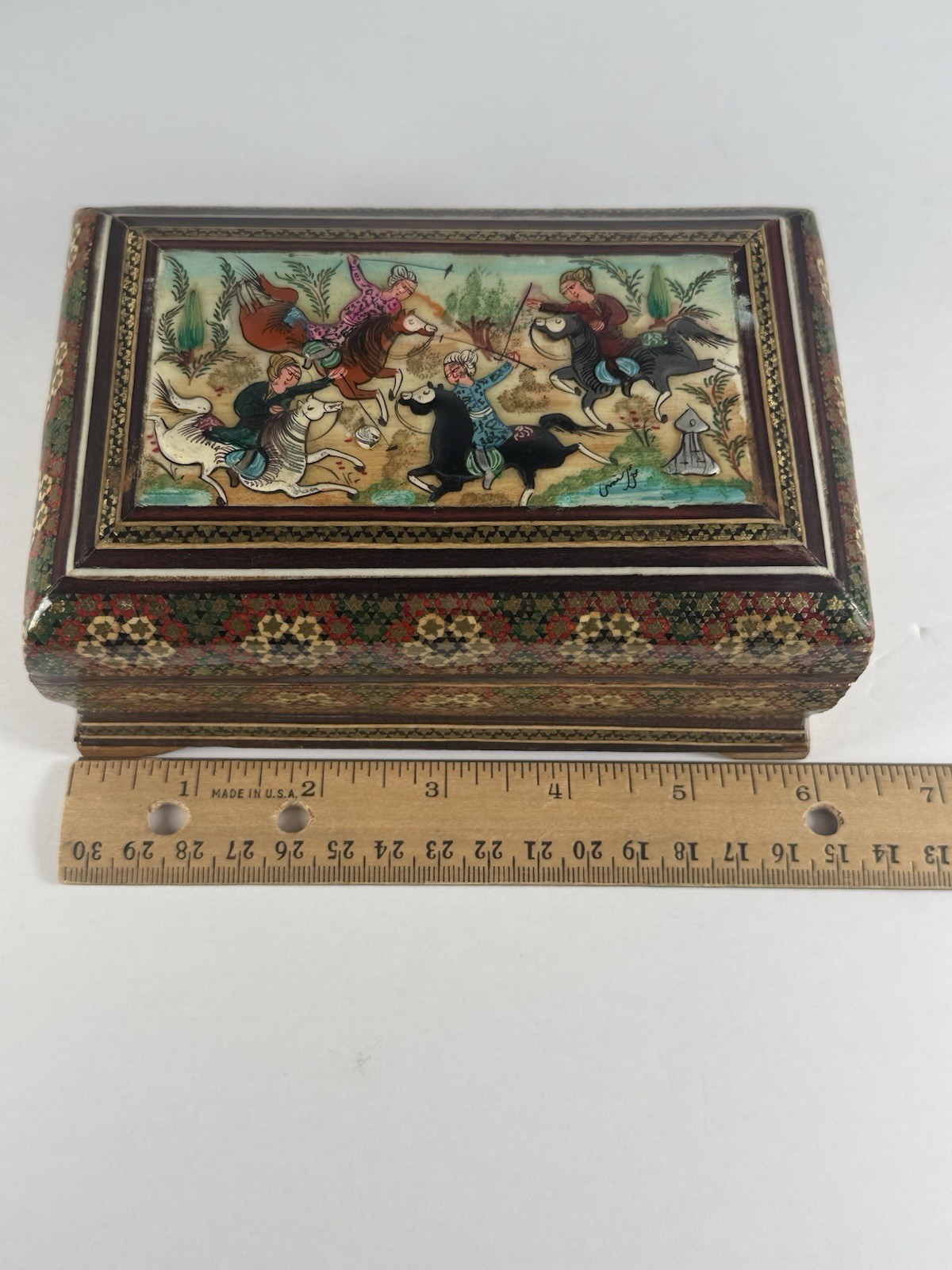 Vintage Persian Khatam Marquetry Wood Jewelry Box Hand Painted Horsemen