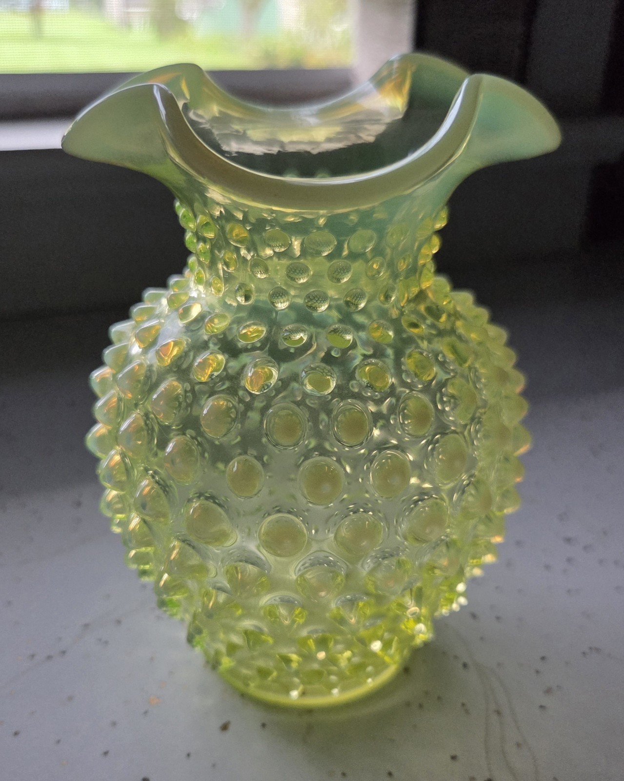 Vintage Fenton Uranium Glass Topaz Opalescent Hobnail Vase 5.5\