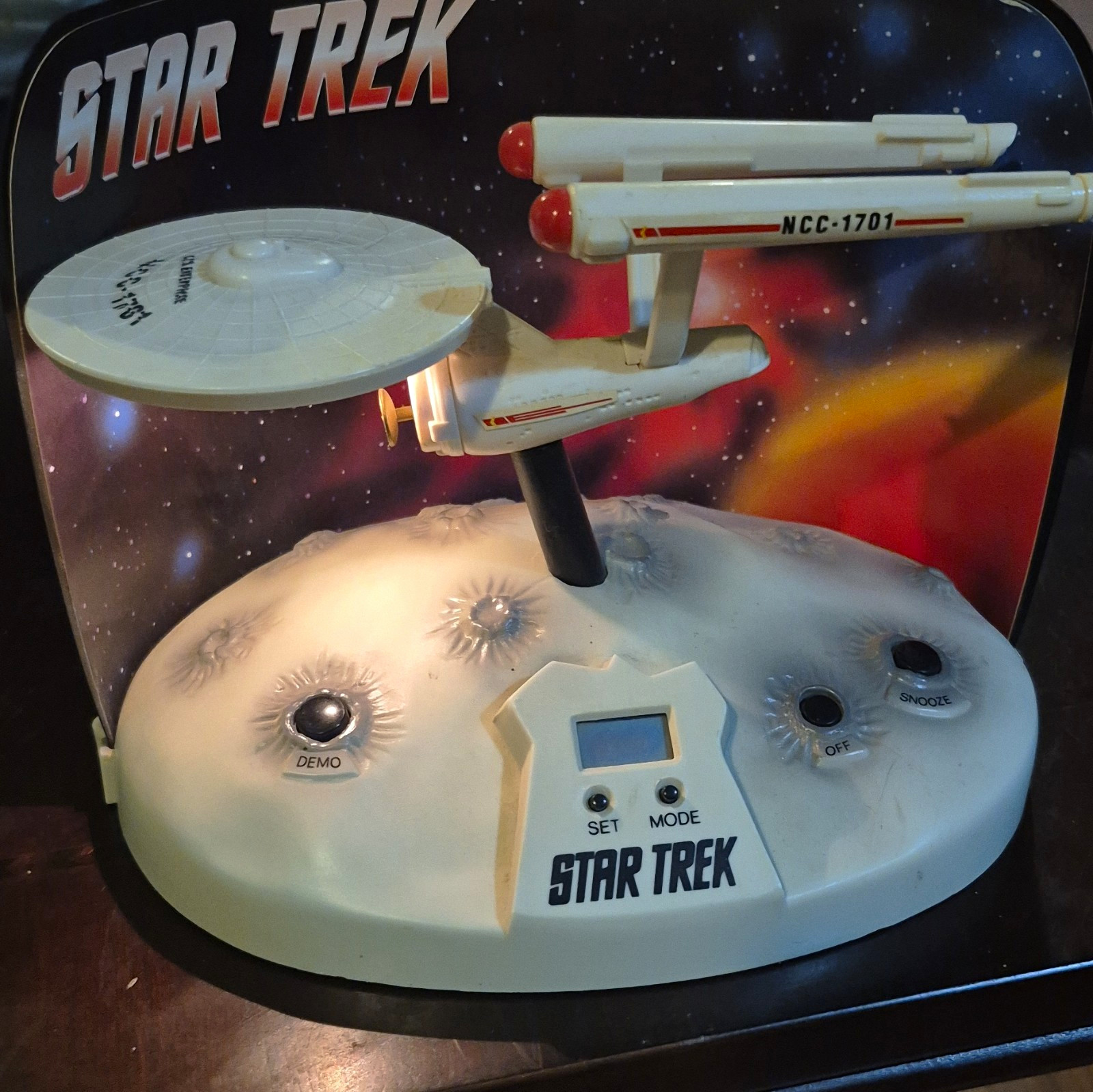 Star Trek USS Enterprise NCC-1701 Space Ship Talking Alarm Clock w/ Crater Base