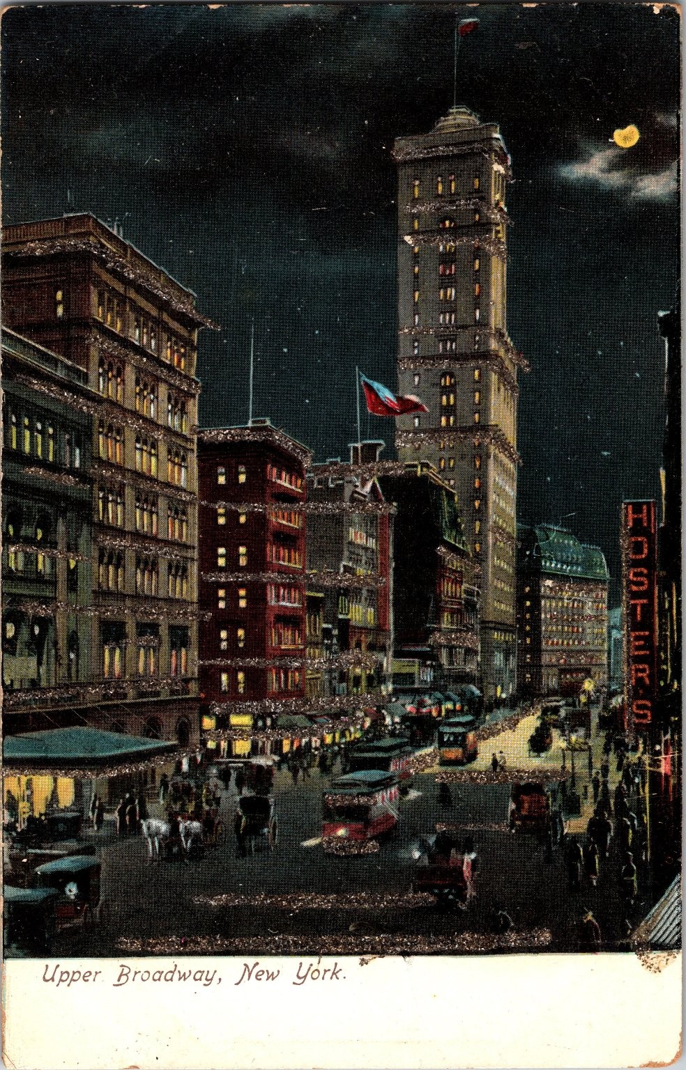 Postcard Upper Broadway New York Illuminated Night Scene Glitter 96.-28