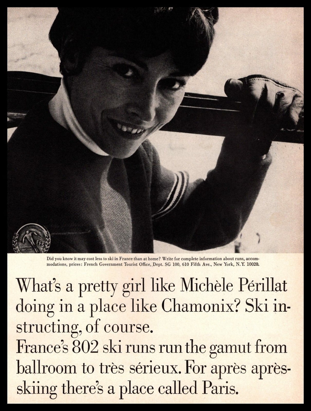 1965 French Tourist Office Michele Perillat Chamonix Ski Resort France Print Ad