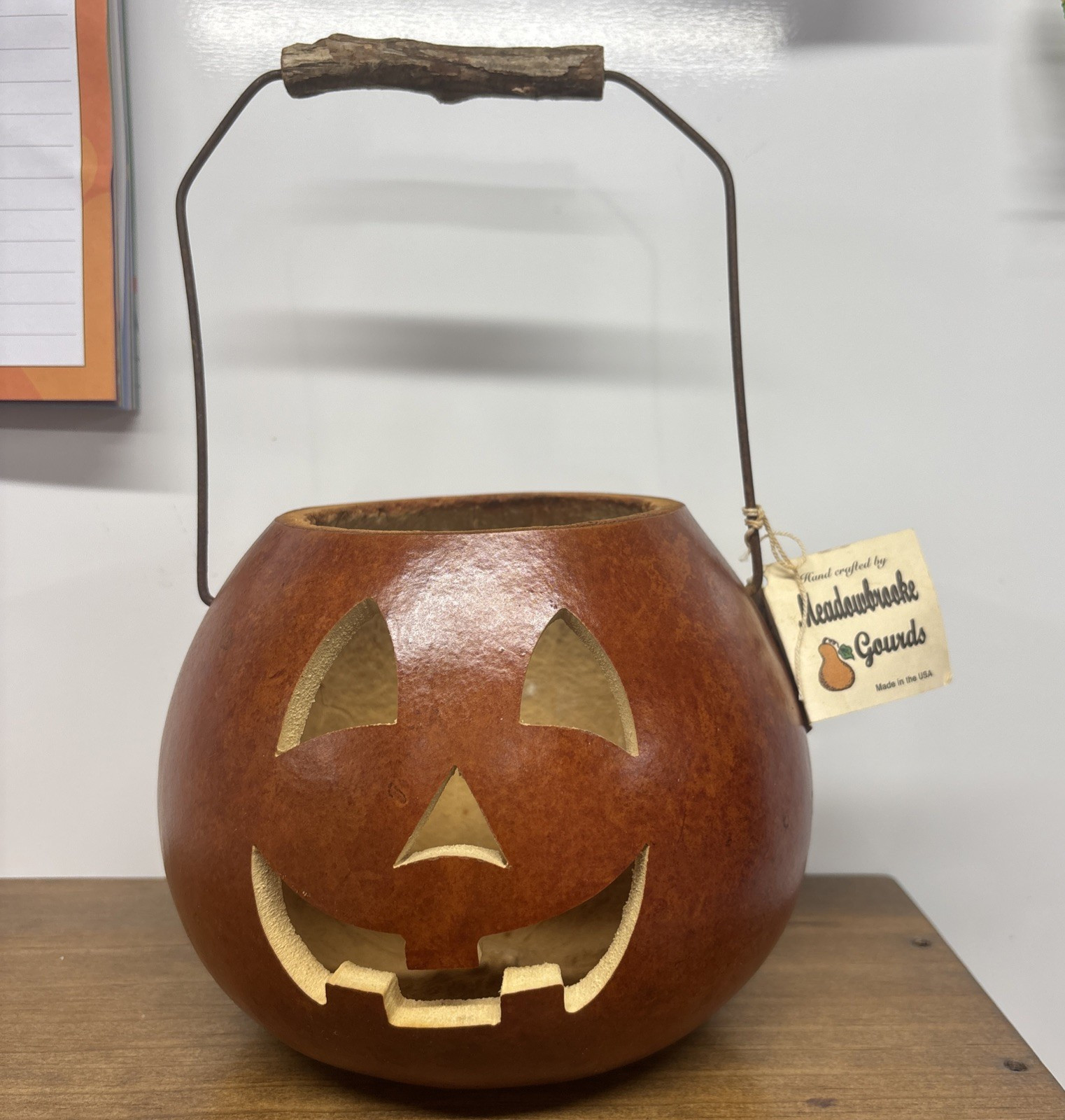 Meadowbrooke Gourds Halloween Jack-o-Lantern Decor Handcrafted with Handle NWT