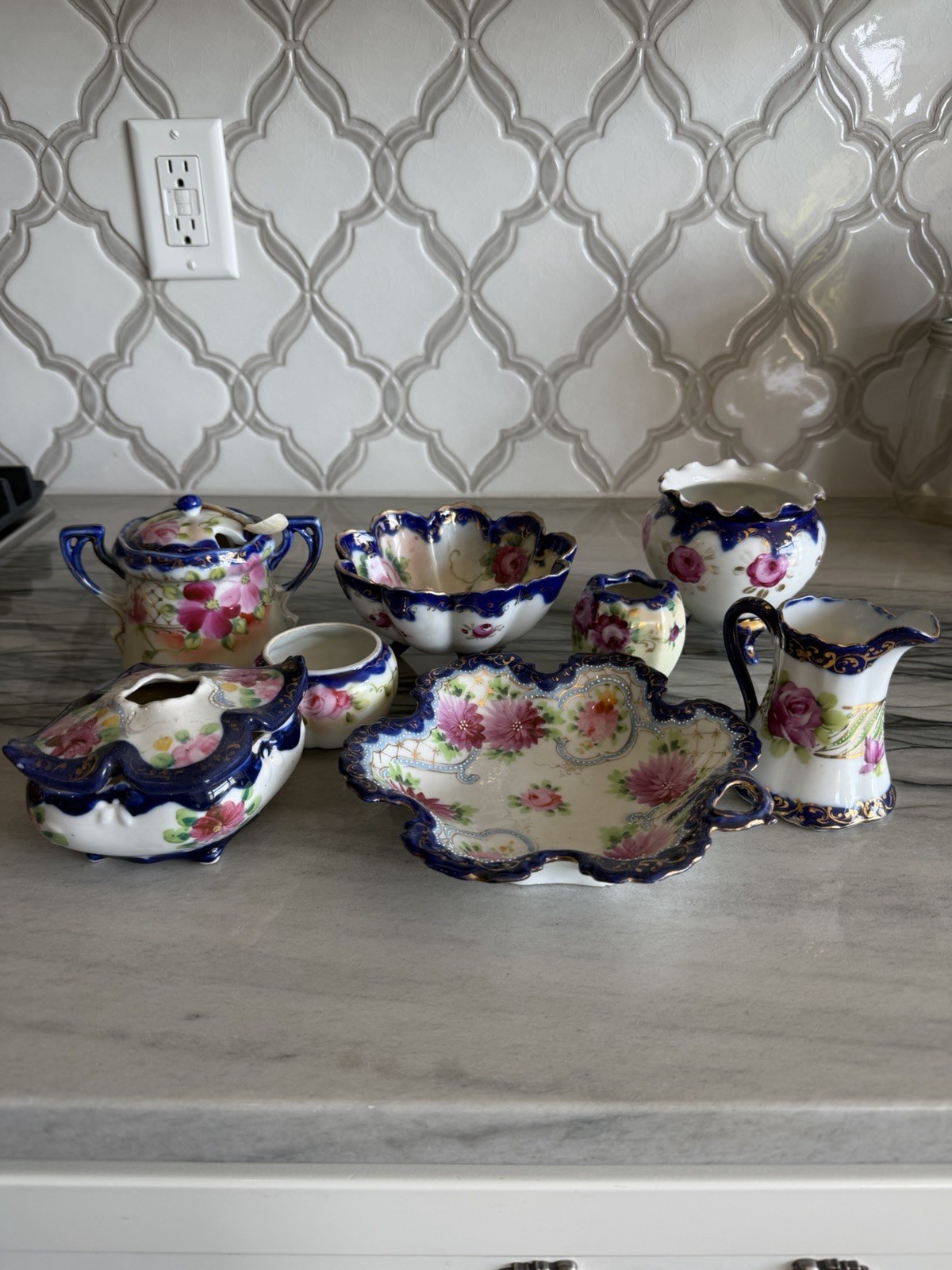 Nippon Hand Painted Porcelain Vanity Dresser Set Cobalt Blue Pink Roses Gold 8Pc Nippon Hand Painted Porcelain Vanity Dresser Set Cobalt Blue Pink Roses Gold 8Pc