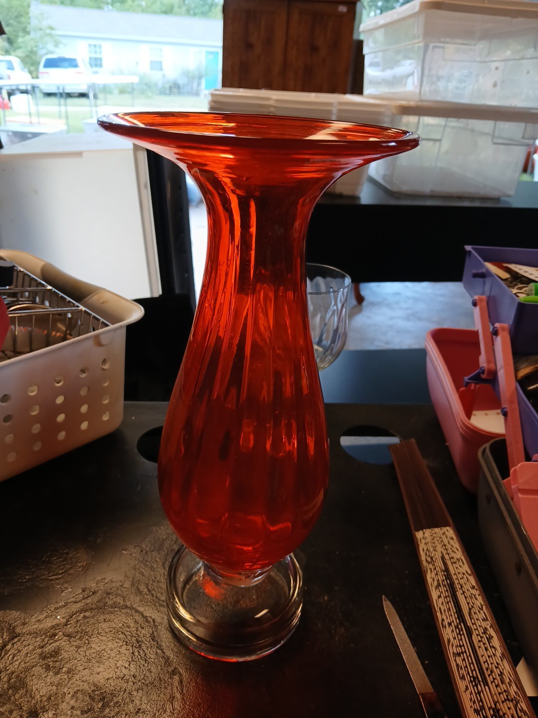 Tangerine Orange Scalloped Hand Blown Glass Vase Clear Pedestal 12 In