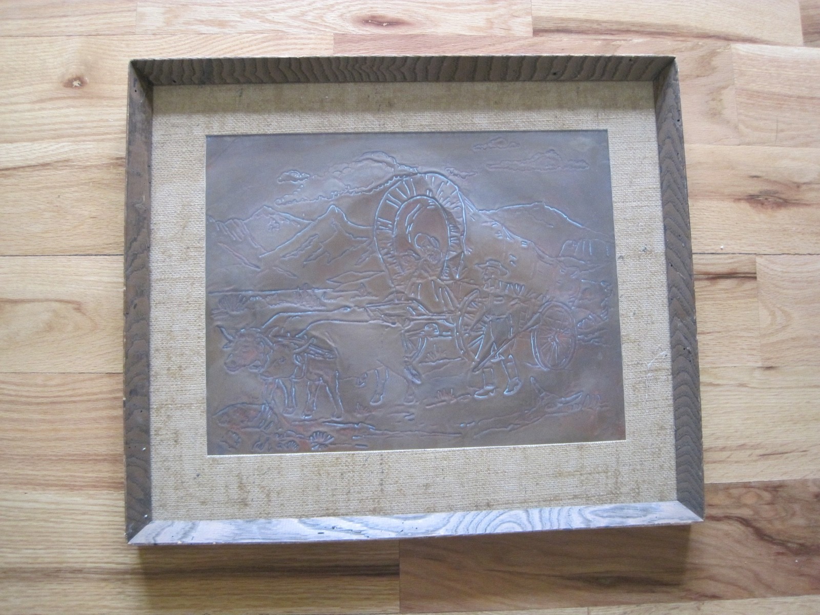 Pioneers in Covered Wagon Copper Art Piece in Wormwood Frame Mormon LDS