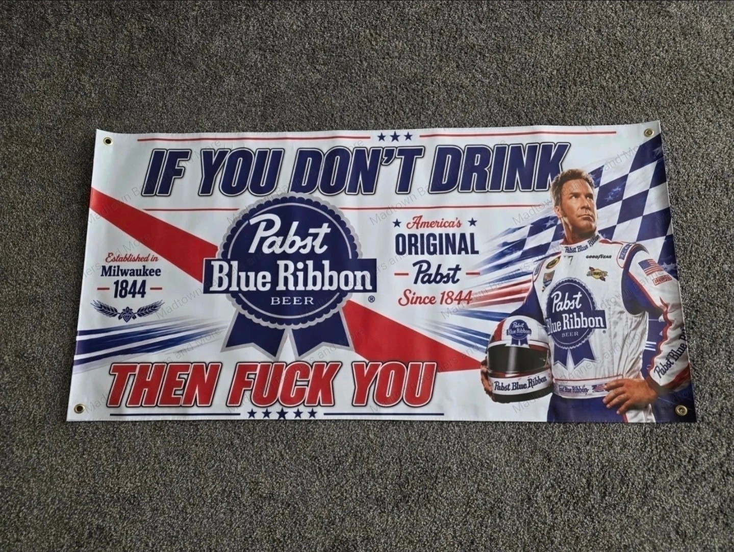 Pabst Blue Ribbon Ricky Bobby NASCAR Banner 48x24 Vinyl Racing Beer Sign Mancave