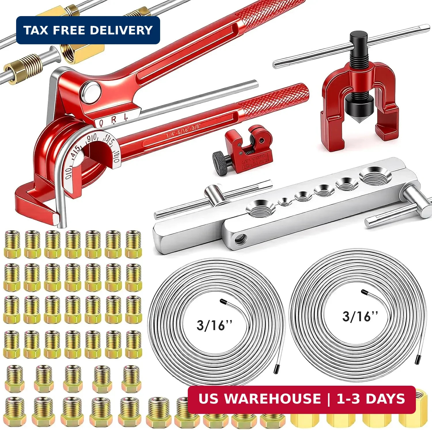 55PC 3/16 Brake Line Kit 25FT Zinc Plated Tubing Fittings Bender Flare Tool 55PC 3/16 Brake Line Kit 25FT Zinc Plated Tubing Fittings Bender Flare Tool