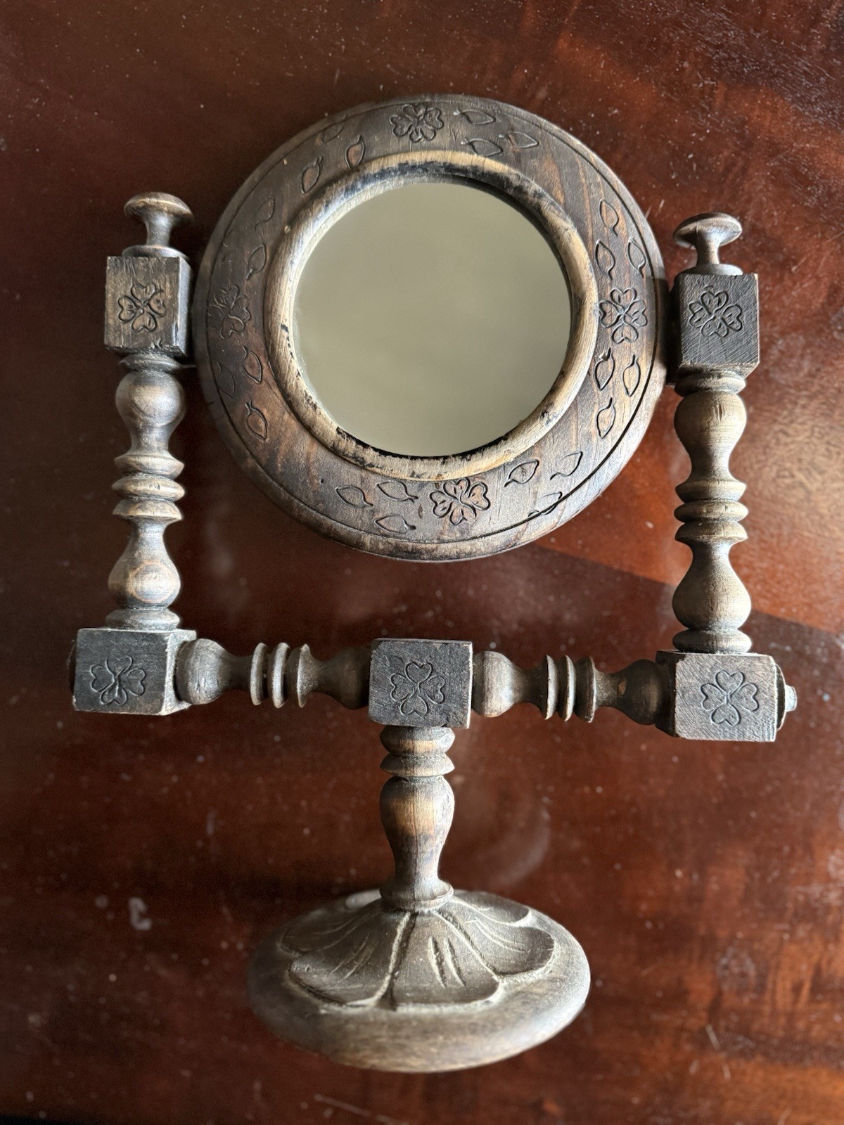 Antique Victorian Wood Tabletop Swivel Mirror Folk Art Style Clover Carvings