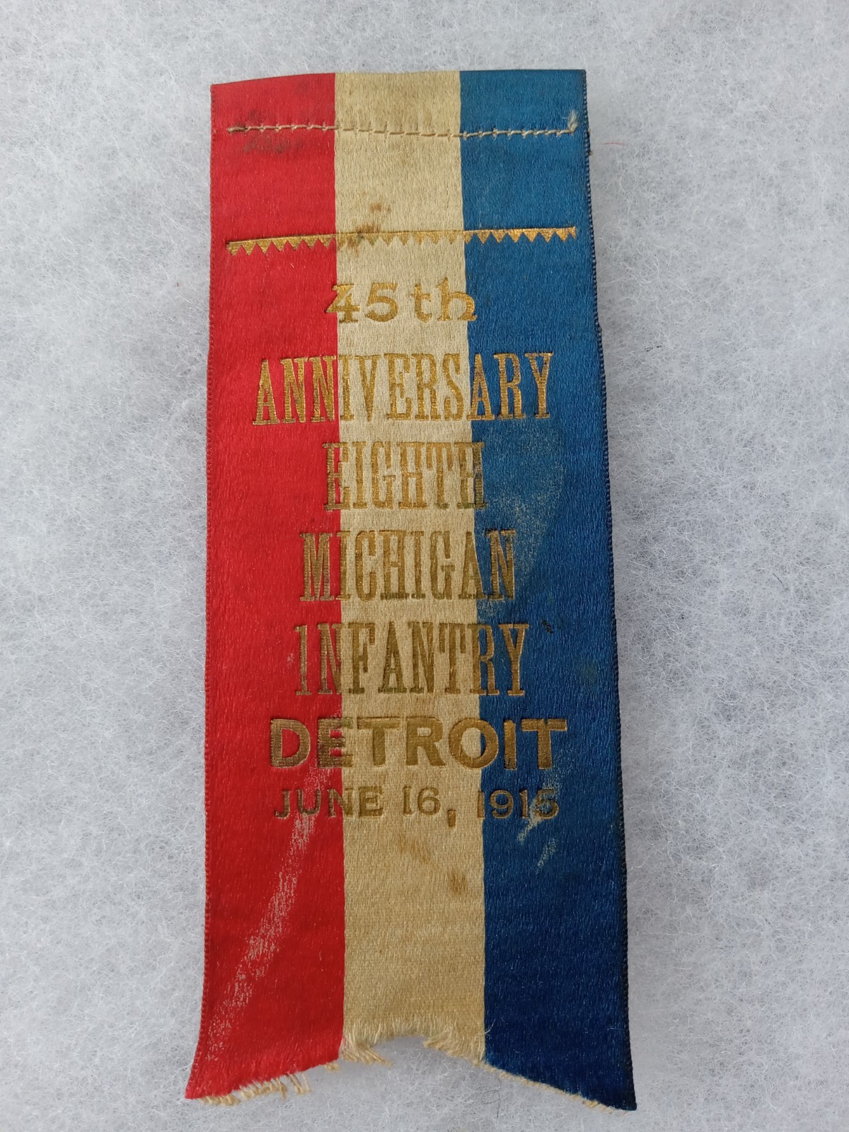 1915 DETROIT MICHIGAN 8th INFANTRY GAR CIVIL WAR VET GRAND ARMY REUNION RIBBON