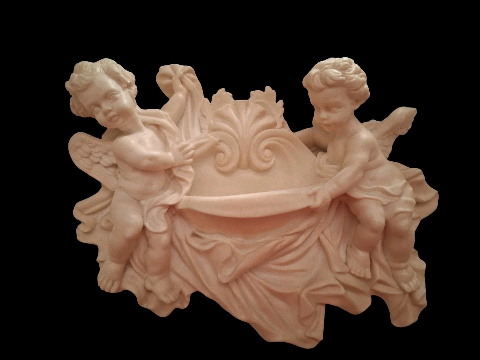 Vintage Alabaster Plaster Wall Mount Cherubs  Made In Italy Holy Water Fount