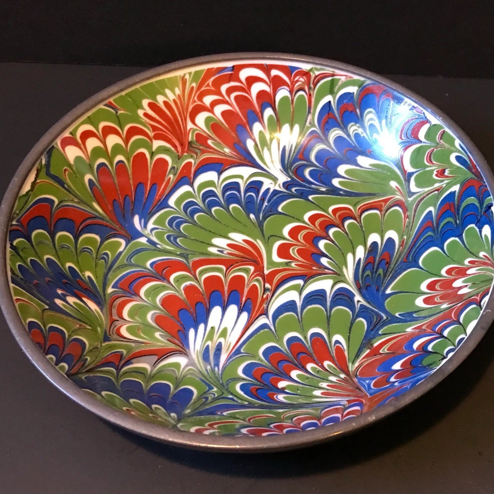 Vintg MCM Neiman-Marcus Peacock Hand Painted Porcelain & Pewter Encased 8” Bowl