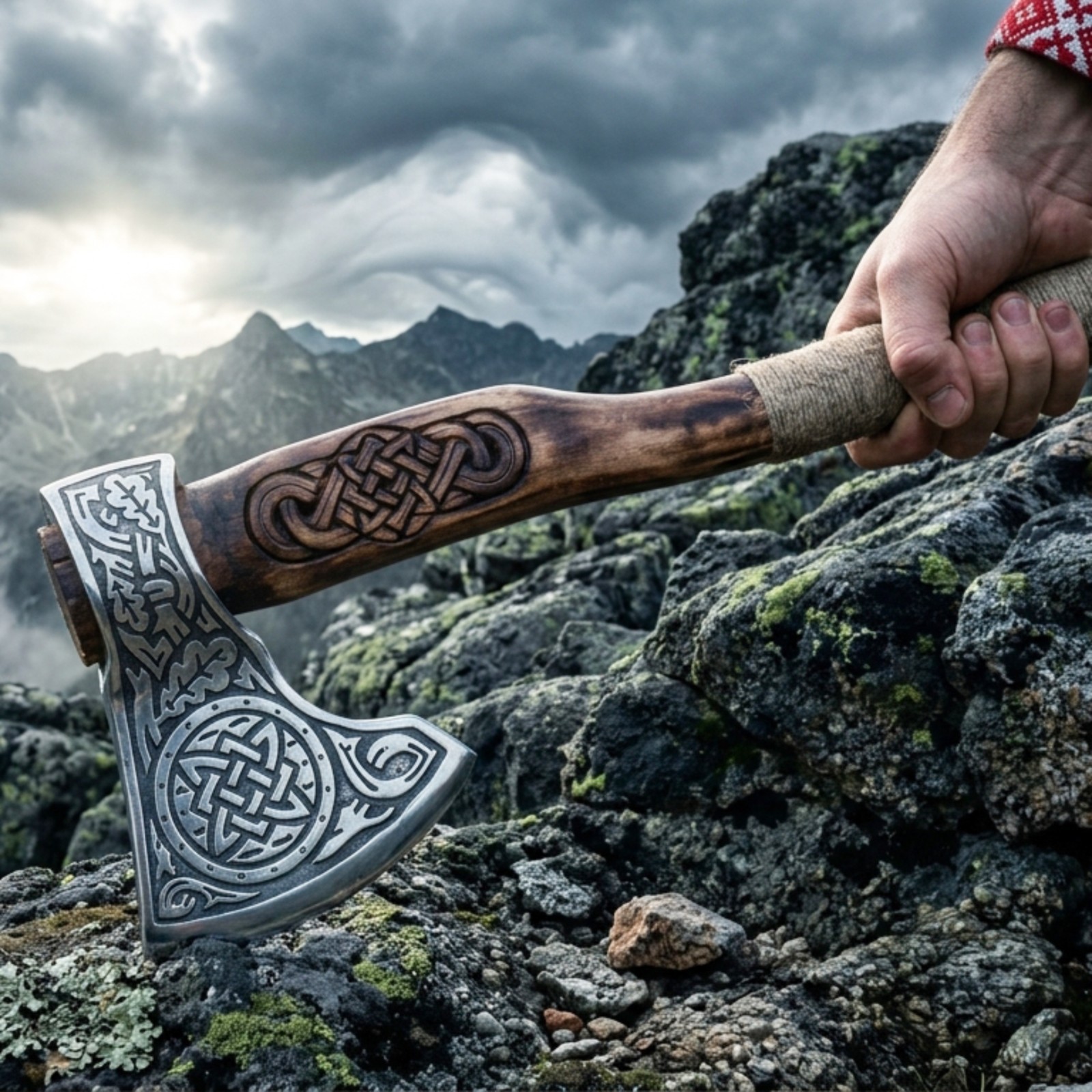 Engraved Celtic Axe Handcrafted Birch Wood Handle Intricate Viking Carved Design