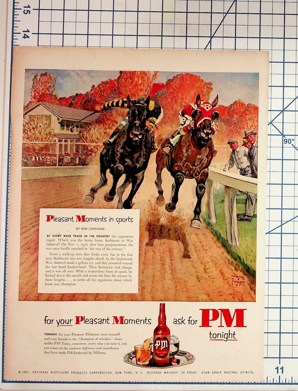 1951 PM Blended Whiskey Vintage Print Ad Seabiscuit vs War Admiral Horse Racing