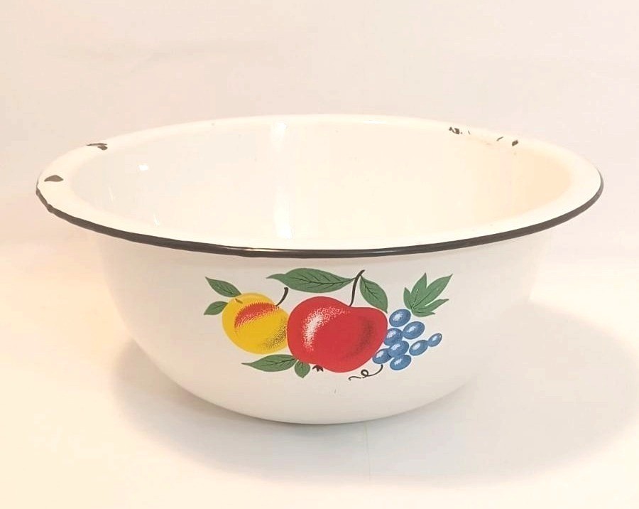 Vintage White Enamel Bowl black Rim Fruit Farmhouse Cottagecore Décor Enamelware