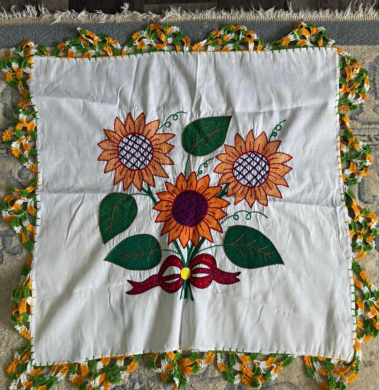 Handmade Embroidered Sunflower Rectangular Tablecloth w/ Crocheted Trim, White
