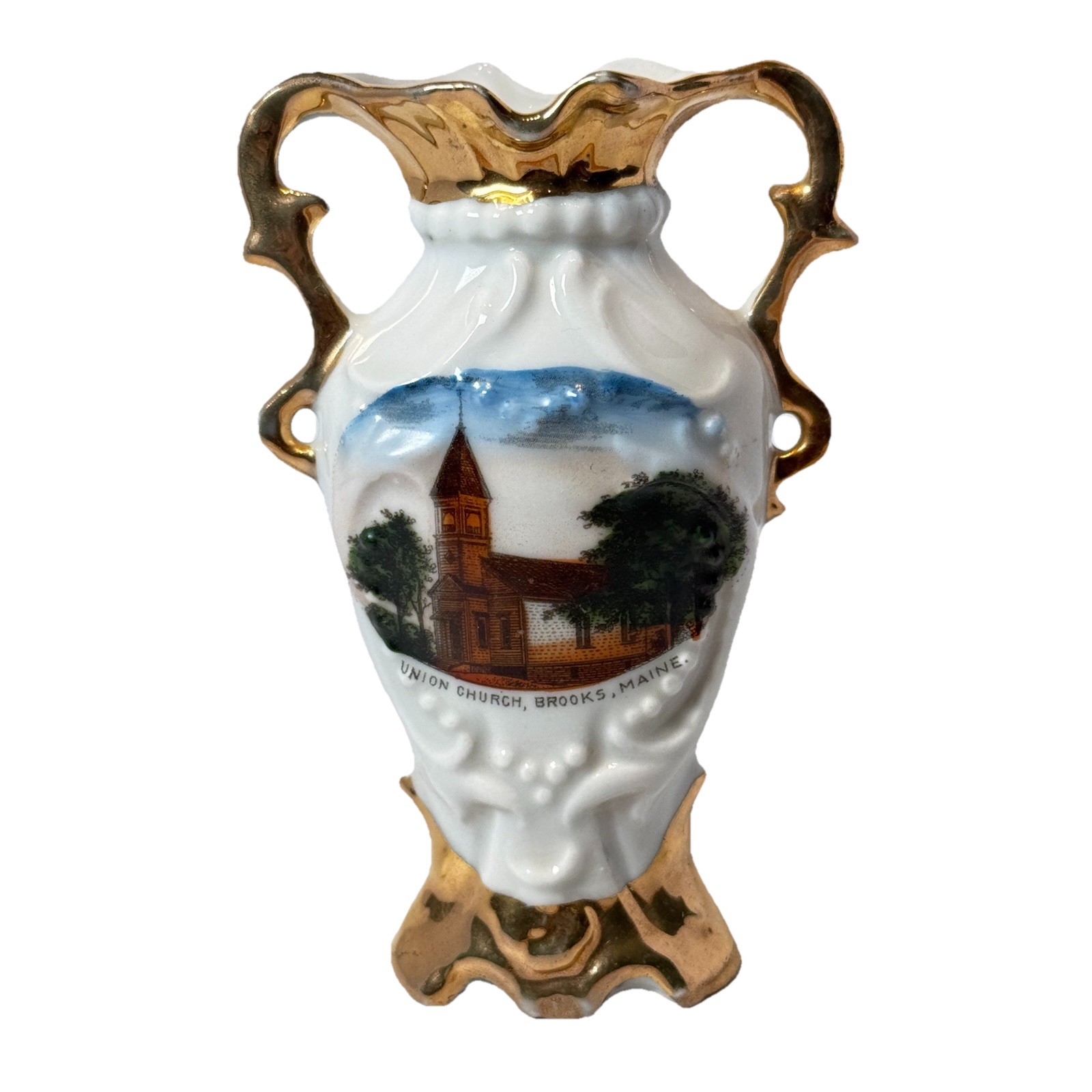 BROOKS MAINE ME Antique UNION CHURCH Souvenir HC JENKINS TRINKET PAINTED VASE