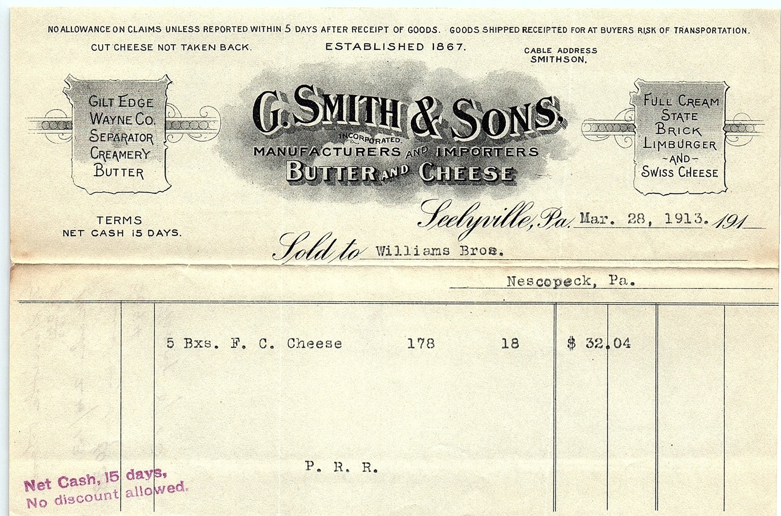 1913 G. Smith & Sons Butter & Cheese billhead w/ payment not