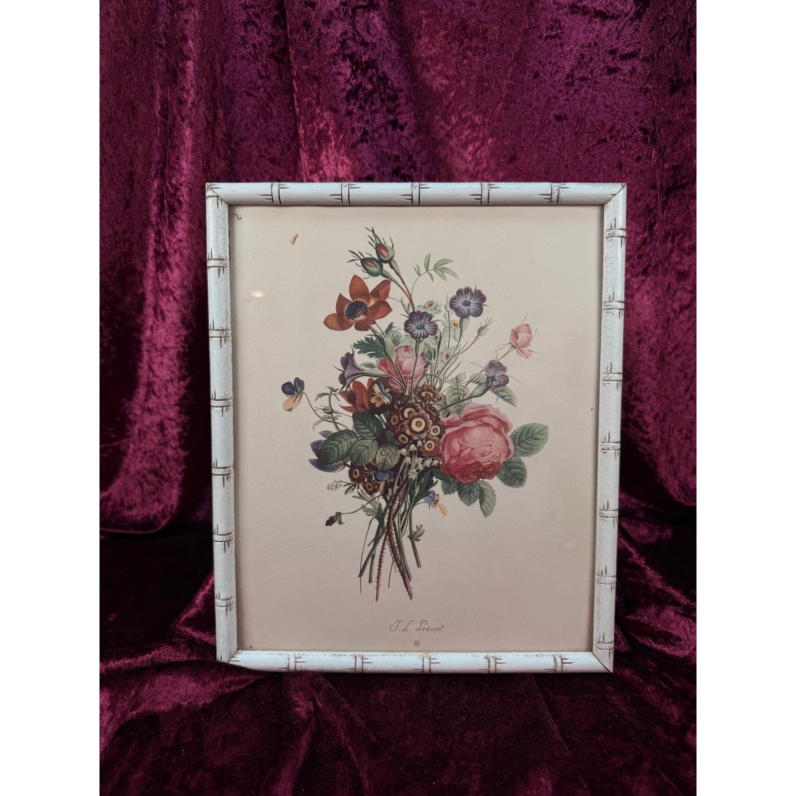 Vintage Framed Botanical Print – Romantic Floral Bouquet Bamboo Style Frame