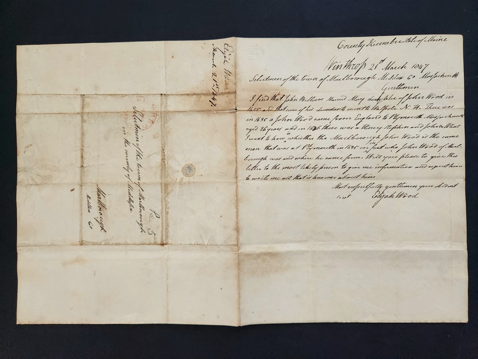 1847 antique STAMPLESS LETTER winthrop me marlborough ma WOOD family GENEALOGY
