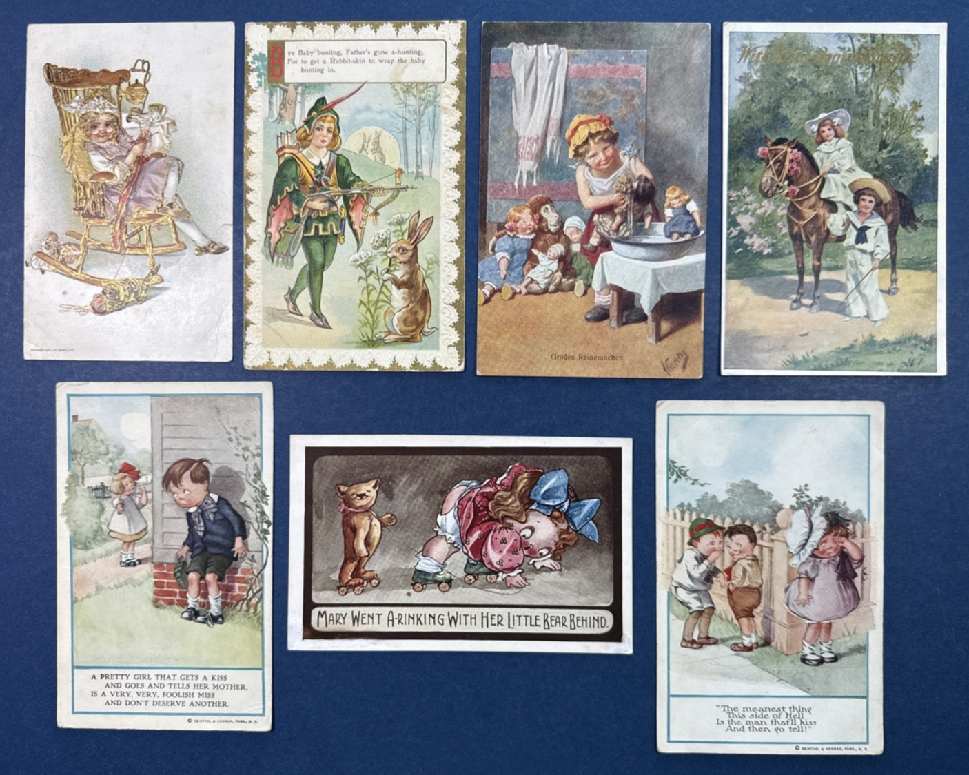 7 Nice Mixture Children Greetings Antique Postcards. Drawn. Humor. EMB, Gold.