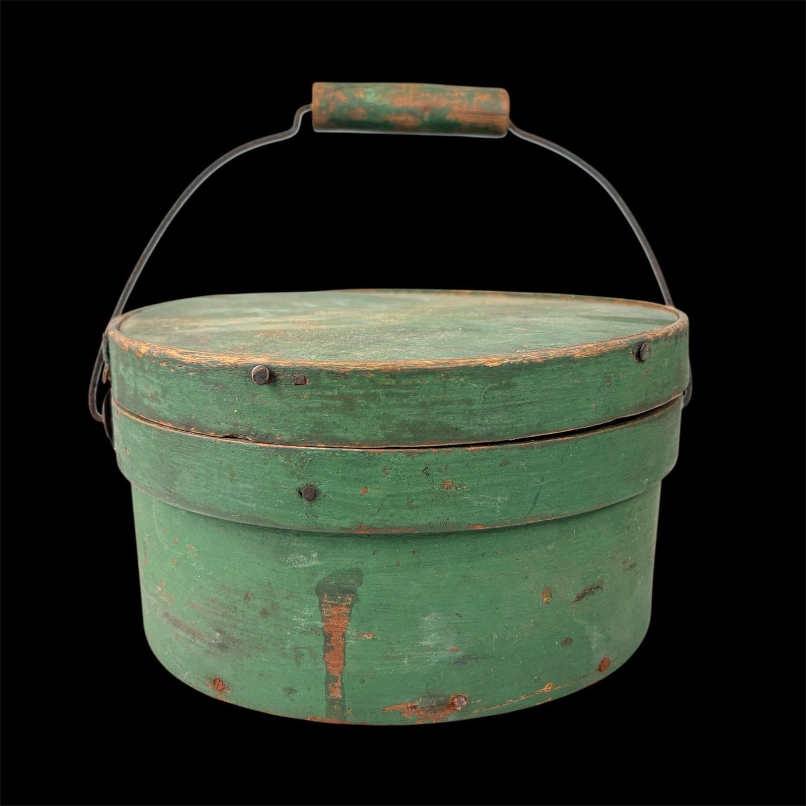 Pantry Box Antique 19thC Primitive Green Milk Paint Bentwood Bail Handle 9