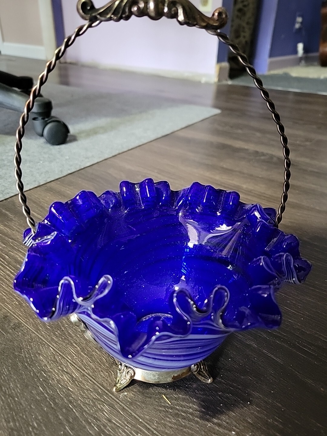 English Victorian Wedding Basket Cobalt Swirl Glass Silver Candy Dish Ruffle Vtg