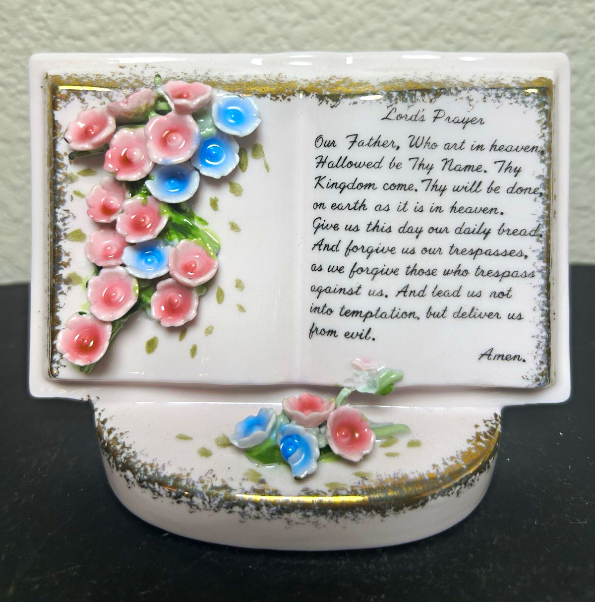 Lefton Vintage Hand Painted Glazed Ceramic Planter Lord\'s Prayer Floral