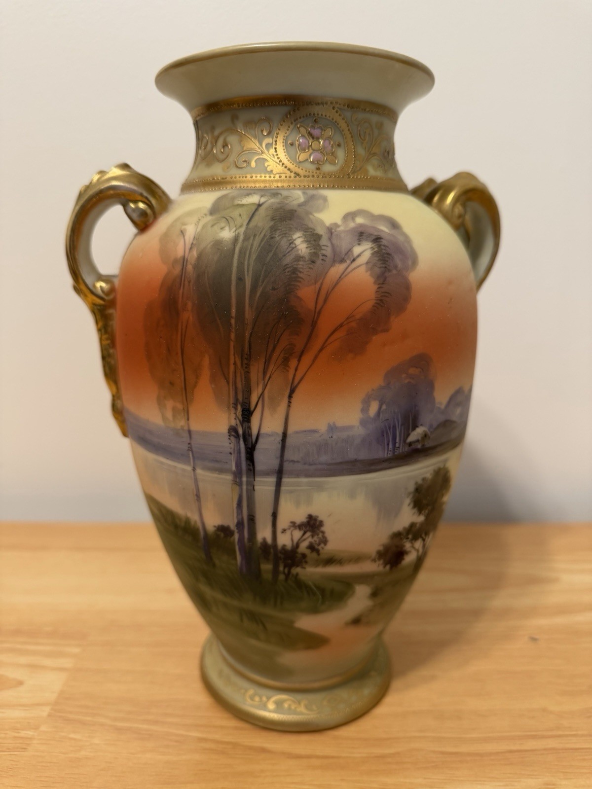 STUNNING NIPPON HAND PAINTED & ENAMELED SCENIC HANDLED VASE - CIRCA 1900