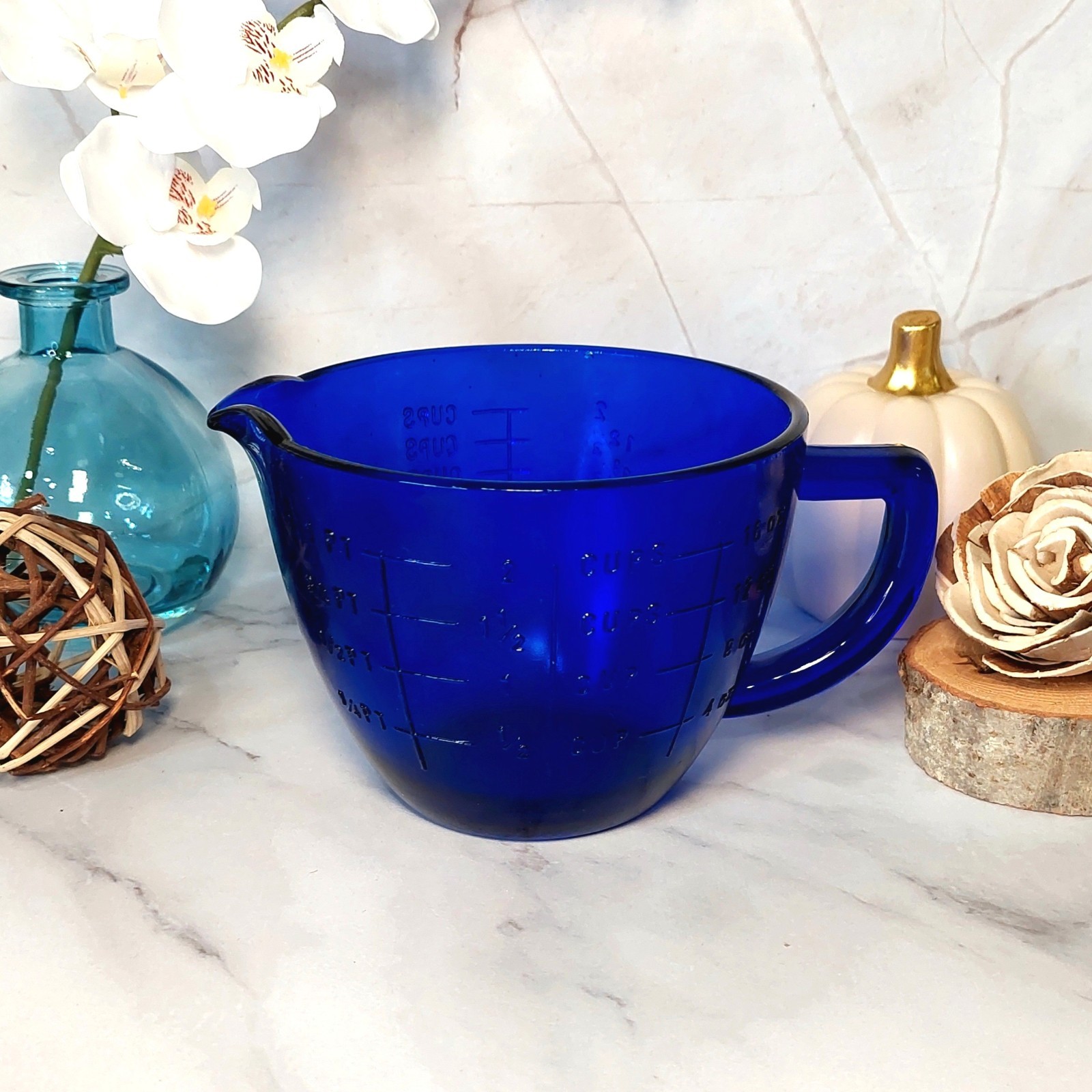 Cobalt Blue Depression Style Glass Measuring Cup & Mixing Bowl, Vintage Kitchen