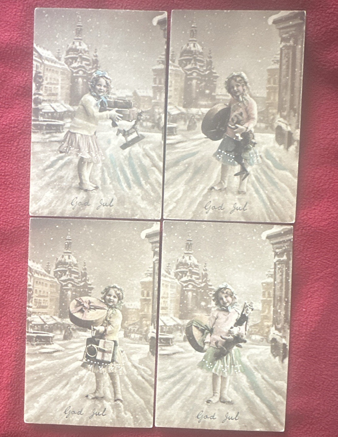 Vtg Unposted Original Lithograph Christmas Children Winter Scene Postcards Set/4