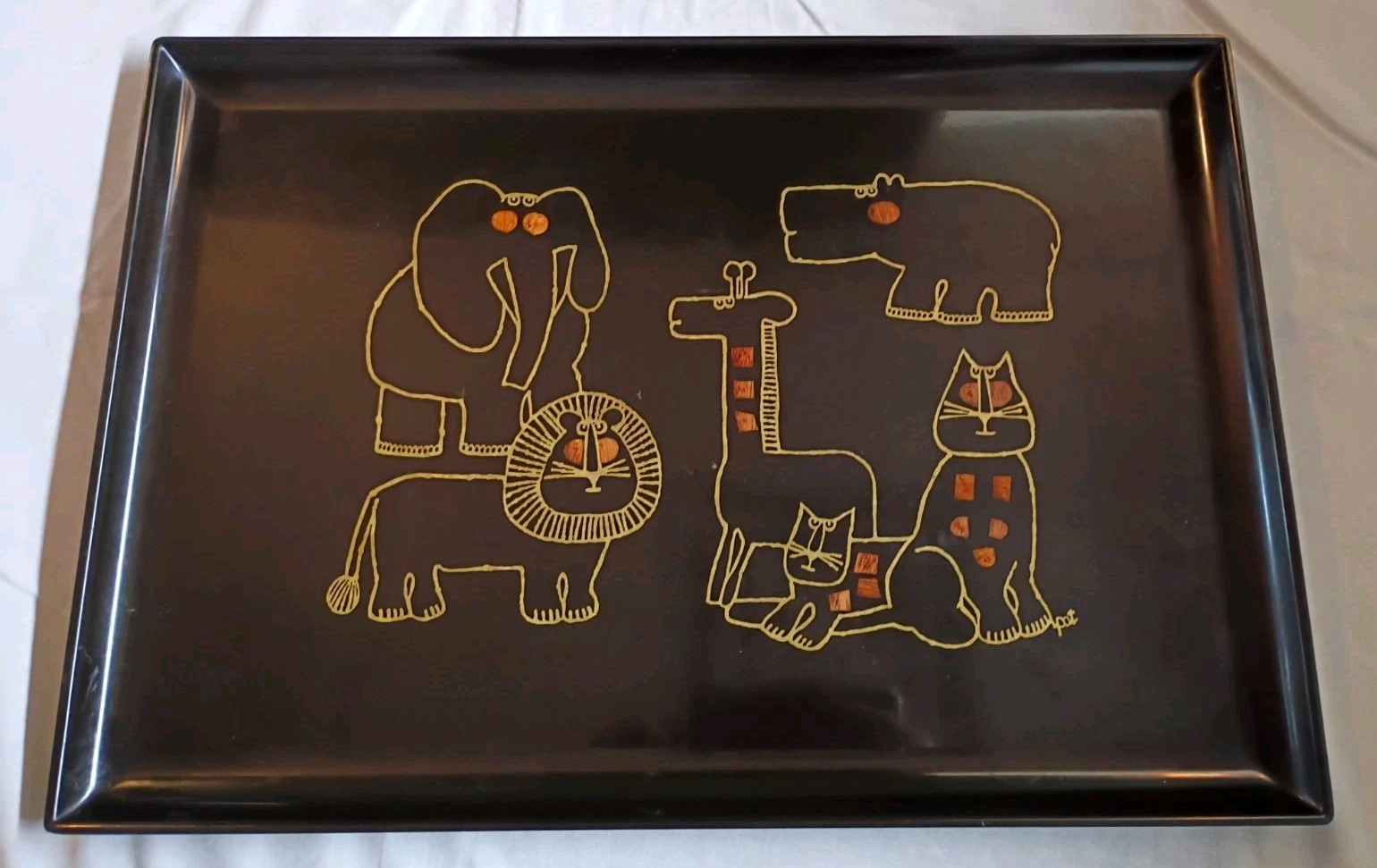 VTG MCM Couroc Of Monterey Cats Elephant Giraffe Hippo Hand Inlaid Serving Tray