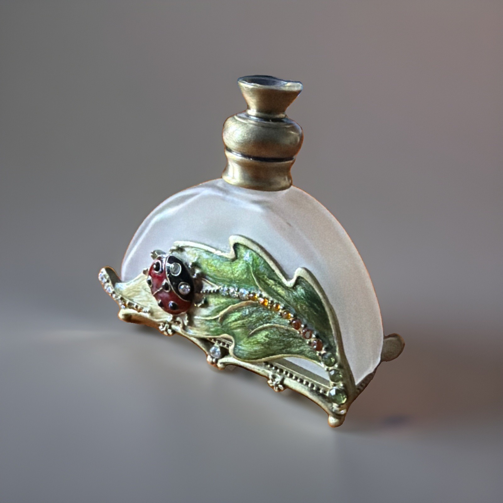 Vintage Style Enameled Ladybug & Leaf Perfume Bottle. Frosted Glass. Rhinestone.