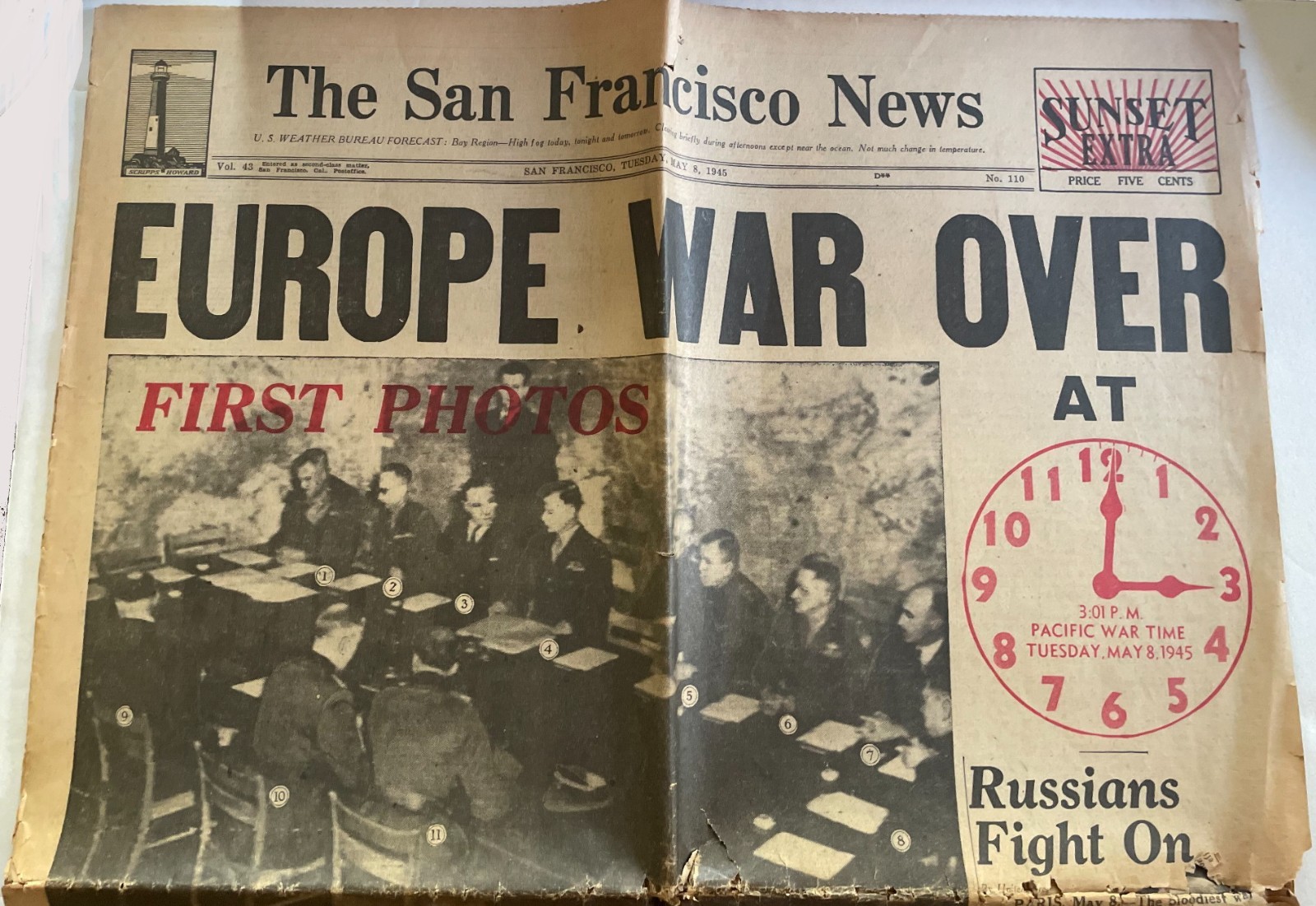 1945 San Francisco News,  WWII Newspaper WAR OVER EUROPE - Rare  local SF paper