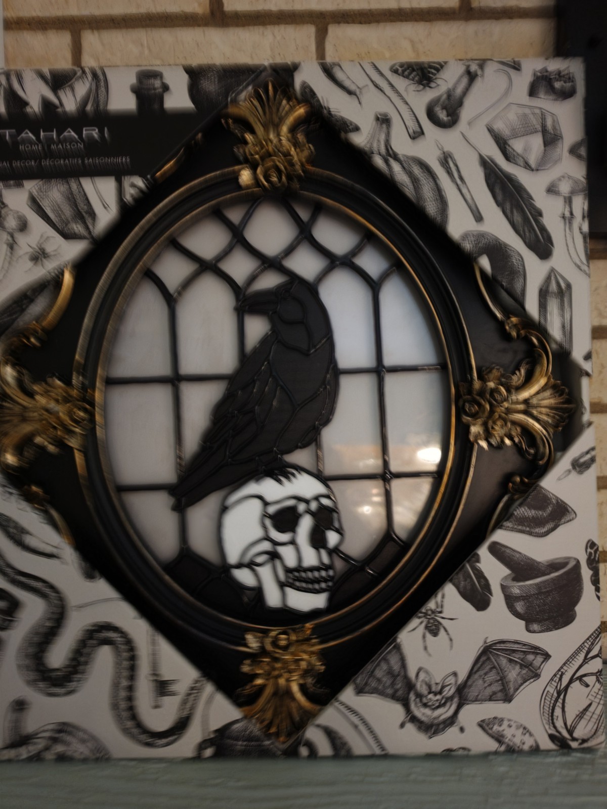 TAHARI Stained Glass Skull Raven edgar allan poe Halloween Framed Wall Art Decor