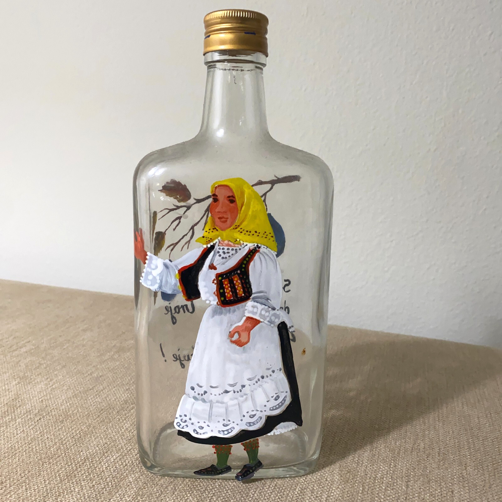 VTG Croatian Hand Painted Liquor Bottle 1940s Woman in Traditional Garb Folk Art